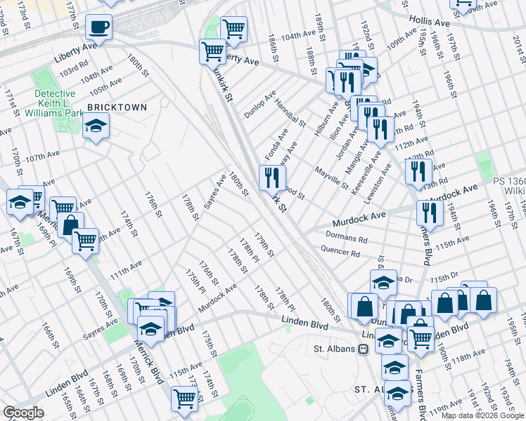 map of restaurants, bars, coffee shops, grocery stores, and more near 111-83 180th Street in Queens