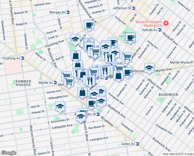 map of restaurants, bars, coffee shops, grocery stores, and more near 100 Suydam Street in Brooklyn