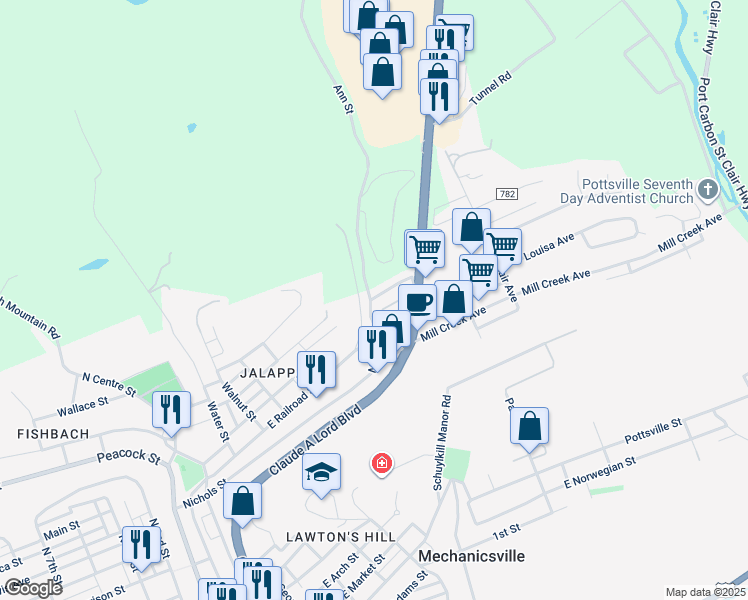 map of restaurants, bars, coffee shops, grocery stores, and more near 2 Mamies Avenue in Pottsville