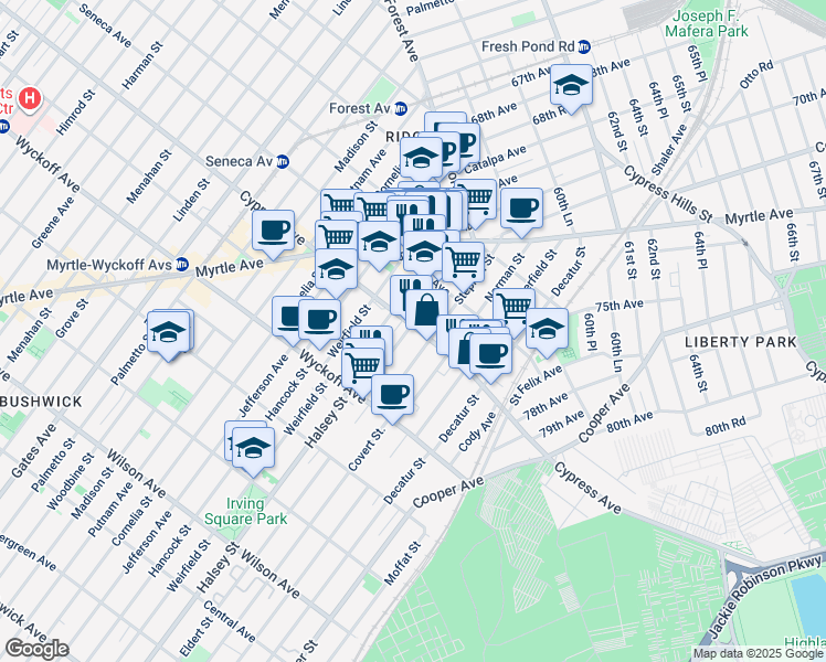 map of restaurants, bars, coffee shops, grocery stores, and more near 17-07 Stephen Street in Queens