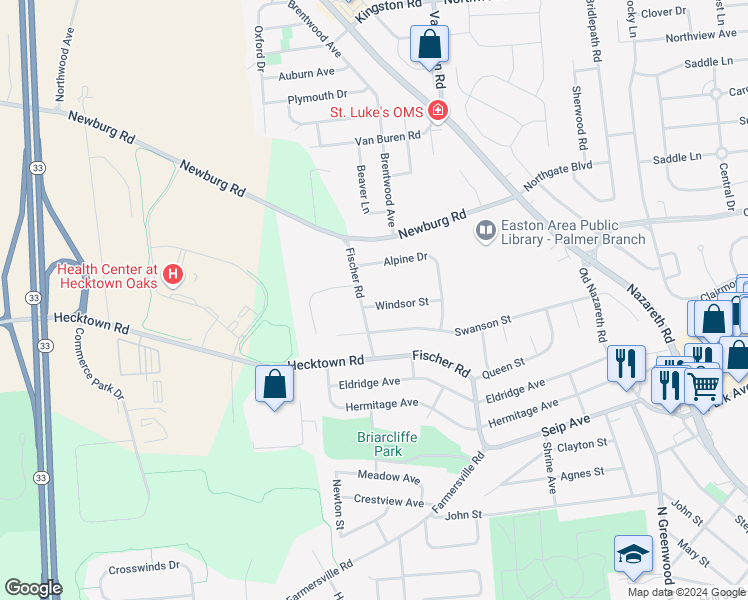 map of restaurants, bars, coffee shops, grocery stores, and more near 3019 Windsor Street in Easton