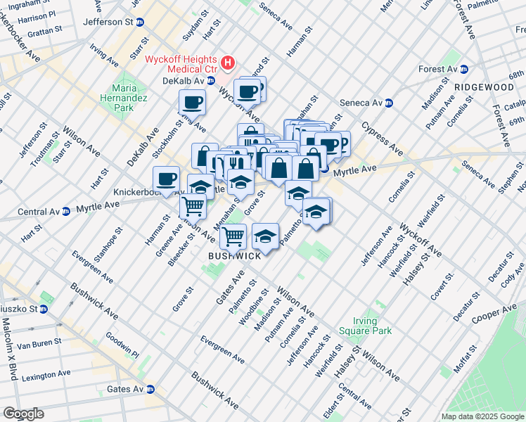 map of restaurants, bars, coffee shops, grocery stores, and more near 261 Linden Street in Brooklyn