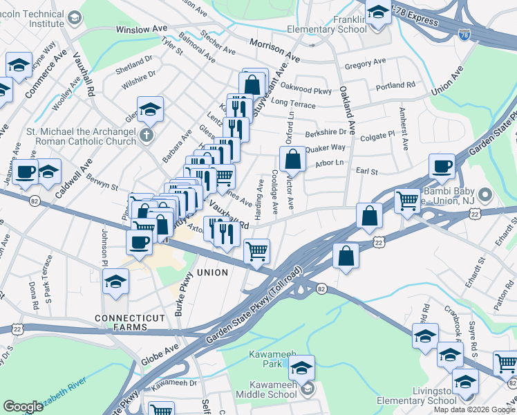 map of restaurants, bars, coffee shops, grocery stores, and more near in Union
