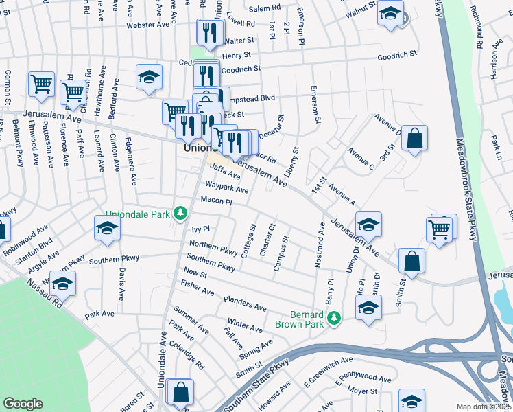 map of restaurants, bars, coffee shops, grocery stores, and more near 747 Macon Place in Uniondale