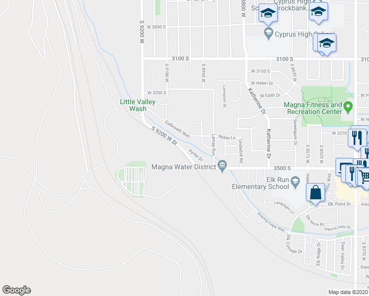 map of restaurants, bars, coffee shops, grocery stores, and more near 9017 Pyrite Drive in Magna