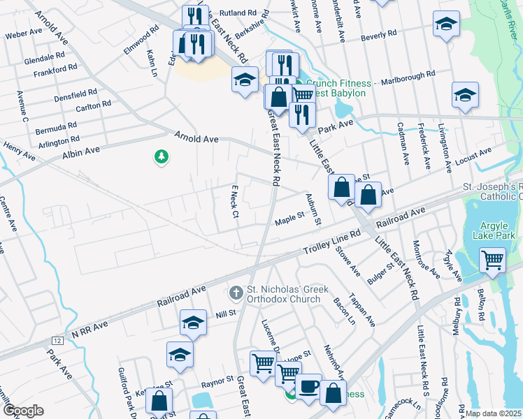map of restaurants, bars, coffee shops, grocery stores, and more near 7 Tedel Court in West Babylon