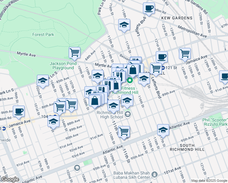 map of restaurants, bars, coffee shops, grocery stores, and more near 112-13 Jamaica Avenue in Queens