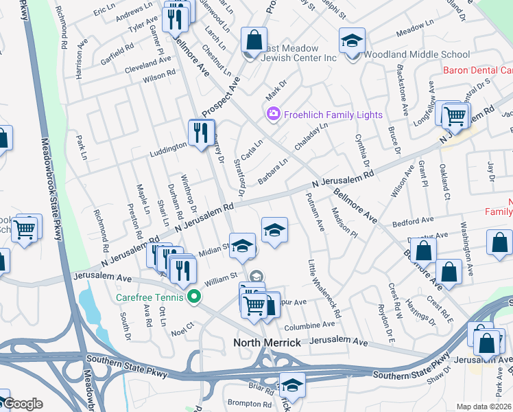 map of restaurants, bars, coffee shops, grocery stores, and more near 1612 North Jerusalem Road in Merrick