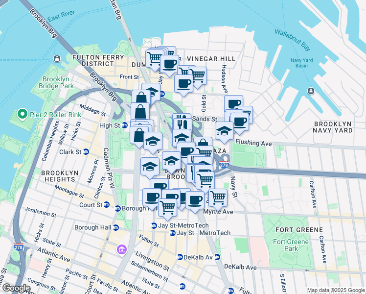 map of restaurants, bars, coffee shops, grocery stores, and more near 189 Bridge Street in Brooklyn