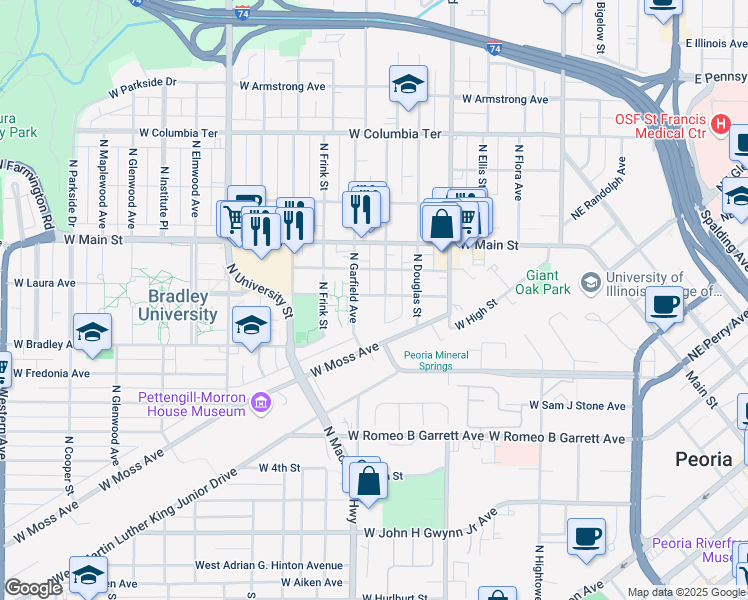 map of restaurants, bars, coffee shops, grocery stores, and more near 832 West Saint James Street in Peoria
