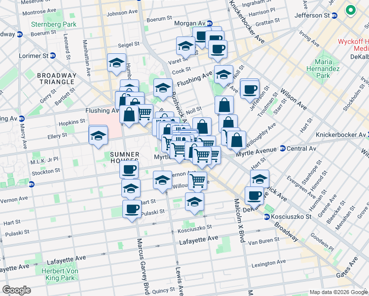 map of restaurants, bars, coffee shops, grocery stores, and more near in Brooklyn