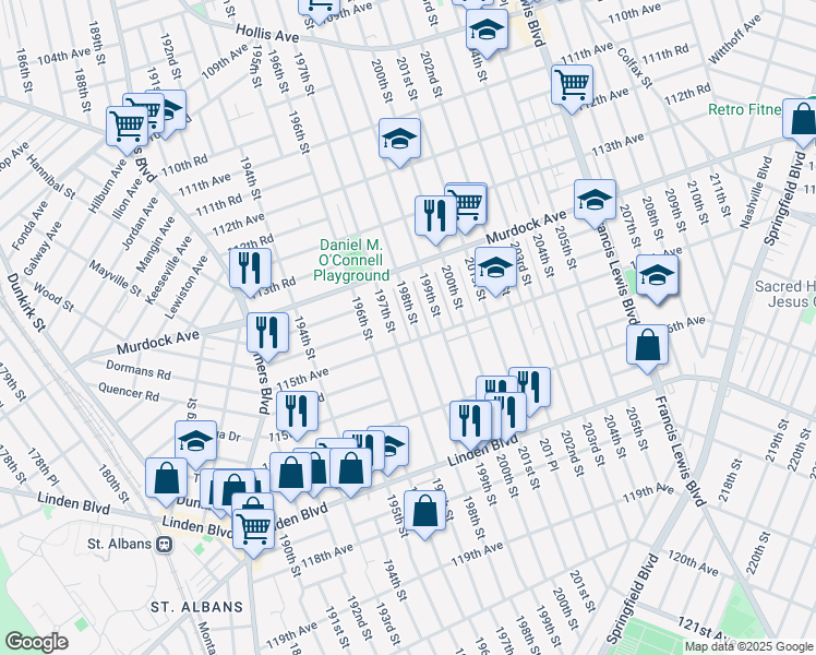 map of restaurants, bars, coffee shops, grocery stores, and more near 114-58 198th Street in Queens