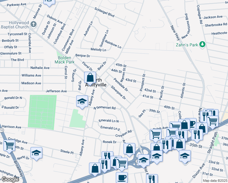 map of restaurants, bars, coffee shops, grocery stores, and more near 27 Silverpine Drive in Amityville