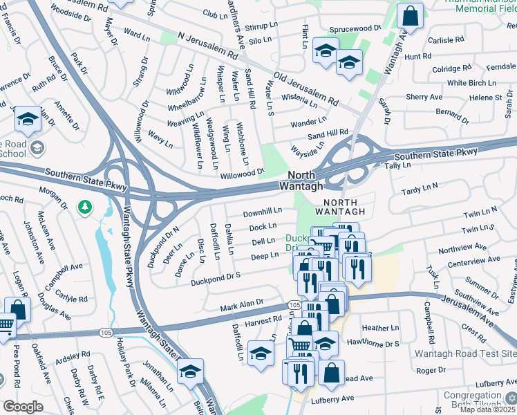 map of restaurants, bars, coffee shops, grocery stores, and more near 27 Downhill Lane in Wantagh