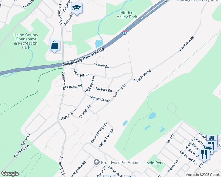 map of restaurants, bars, coffee shops, grocery stores, and more near 27 Far Hills Road in Springfield