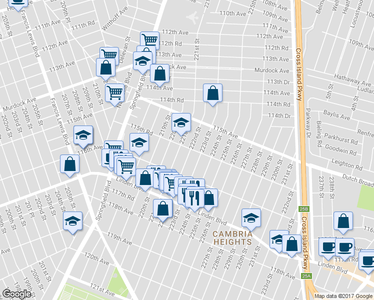 map of restaurants, bars, coffee shops, grocery stores, and more near 115-60 222nd Street in Queens