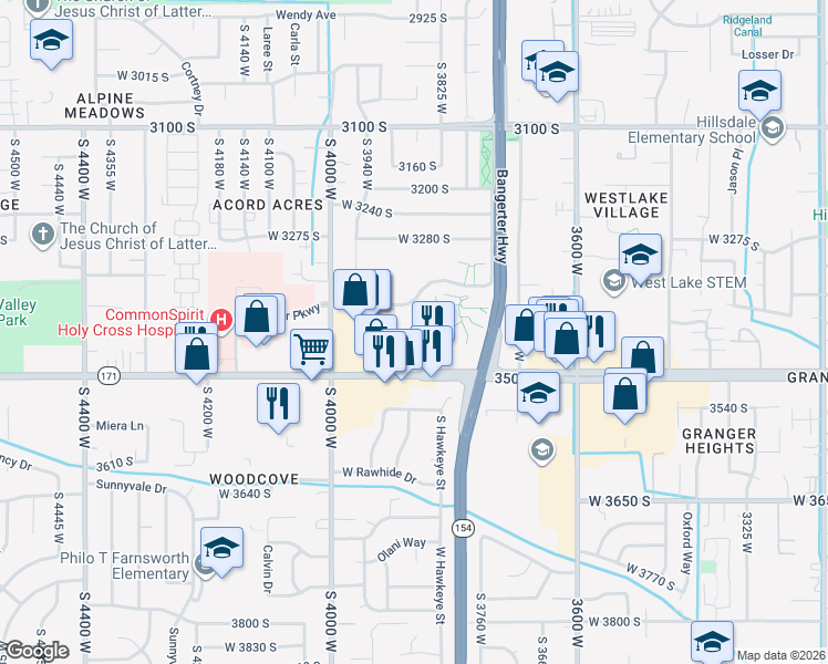 map of restaurants, bars, coffee shops, grocery stores, and more near 3917 West Rockwood Way in West Valley City