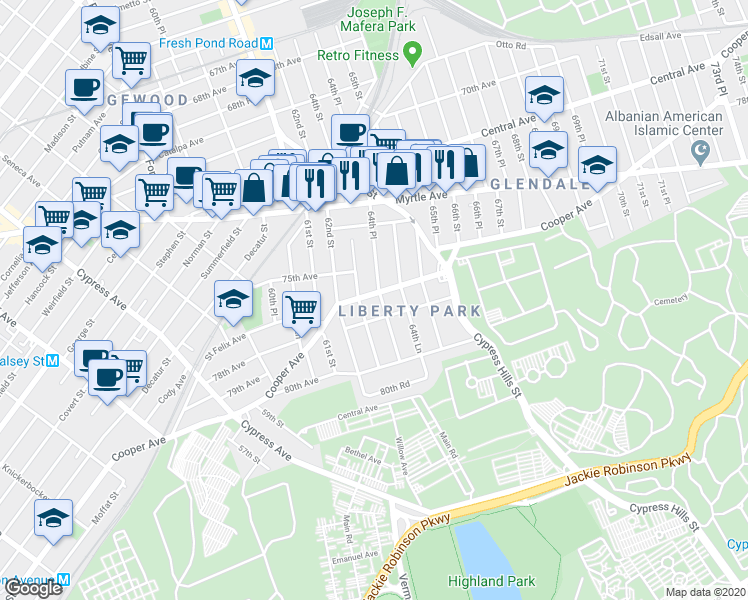 map of restaurants, bars, coffee shops, grocery stores, and more near 64-16 Cooper Avenue in Queens