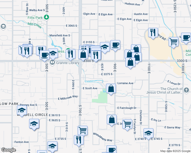 map of restaurants, bars, coffee shops, grocery stores, and more near 3400 South 800 East in Millcreek