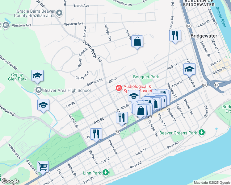 map of restaurants, bars, coffee shops, grocery stores, and more near 701 5th Street in Beaver