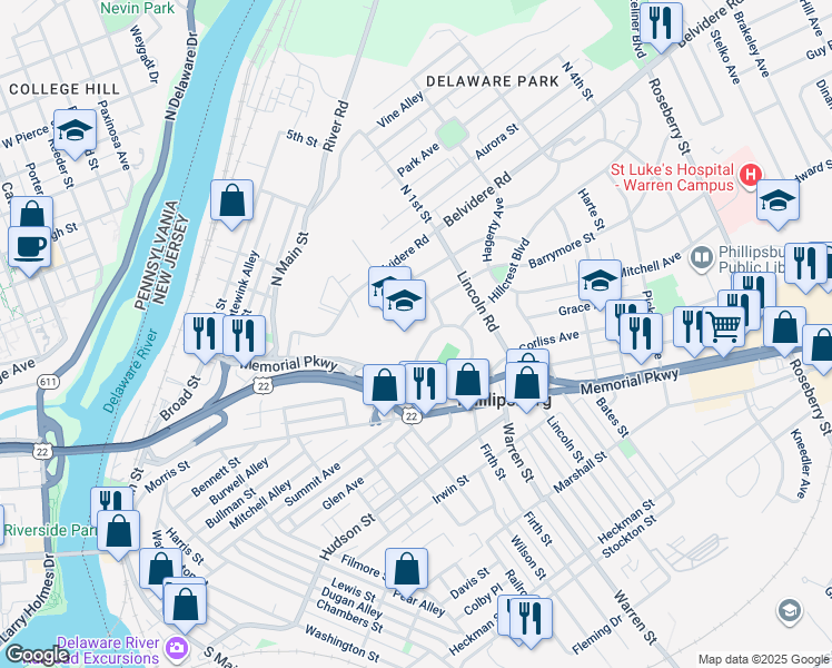 map of restaurants, bars, coffee shops, grocery stores, and more near 200 South Hillcrest Boulevard in Phillipsburg