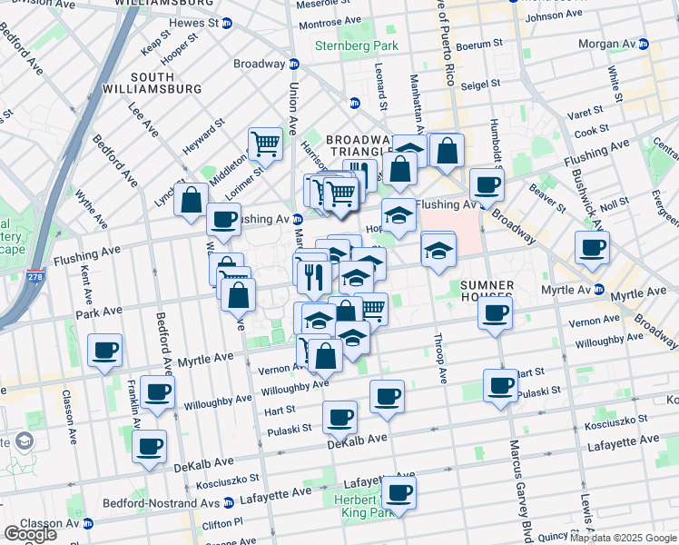 map of restaurants, bars, coffee shops, grocery stores, and more near 689 Park Avenue in Brooklyn