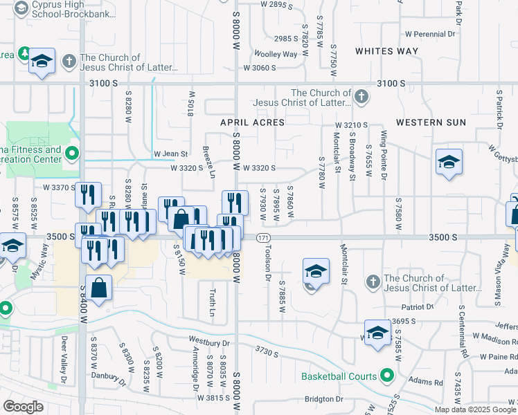 map of restaurants, bars, coffee shops, grocery stores, and more near 3422 South 7930 West in Magna