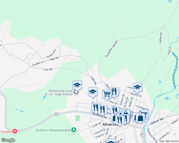 map of restaurants, bars, coffee shops, grocery stores, and more near 335 High Road in Pottsville