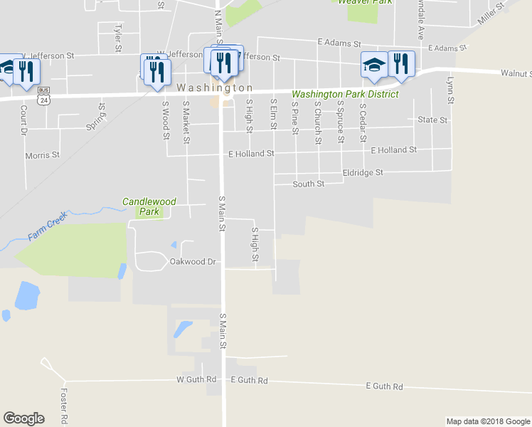 map of restaurants, bars, coffee shops, grocery stores, and more near 518 South Elm Street in Washington