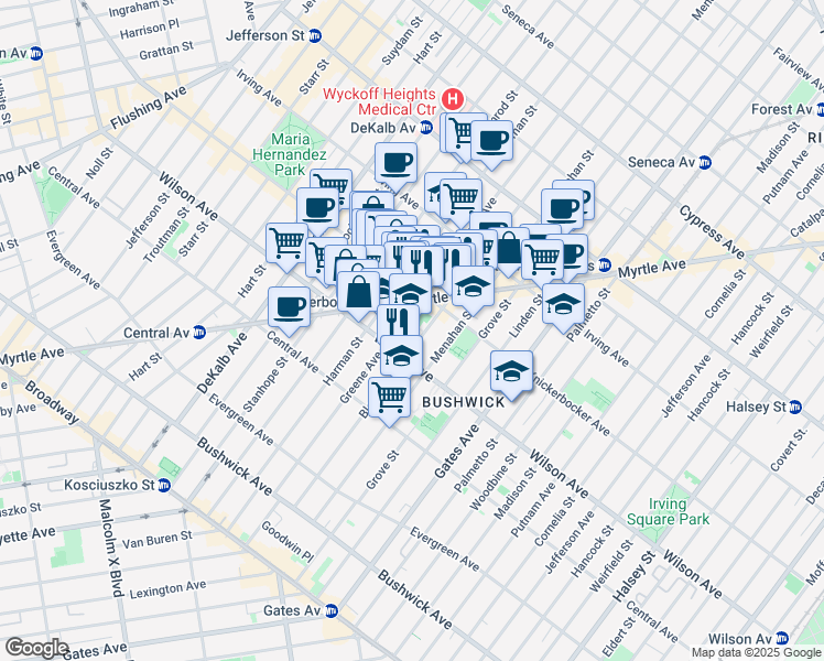 map of restaurants, bars, coffee shops, grocery stores, and more near 1300 Greene Avenue in Brooklyn