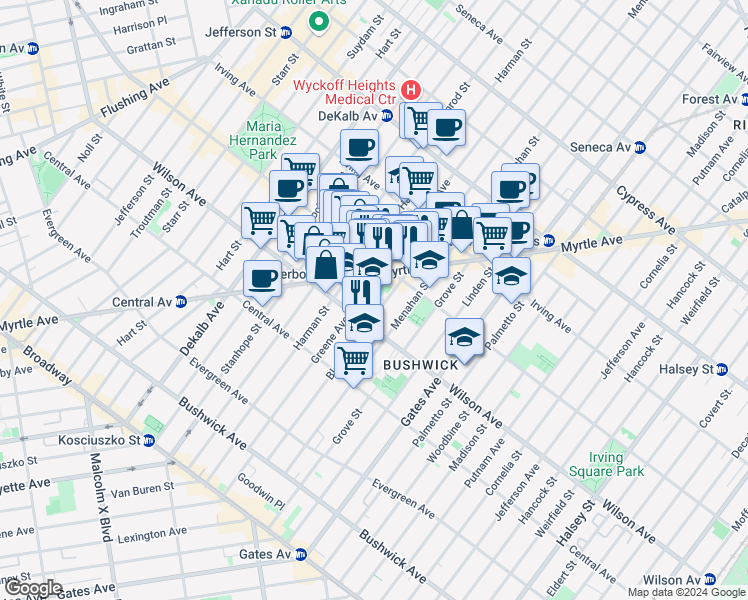 map of restaurants, bars, coffee shops, grocery stores, and more near 1300 Greene Avenue in Brooklyn