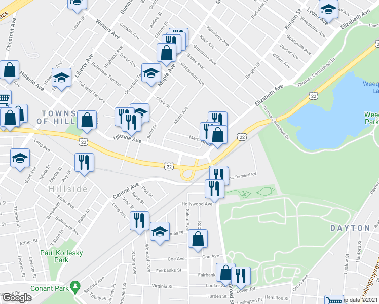 map of restaurants, bars, coffee shops, grocery stores, and more near 41 Hillside Avenue in Hillside