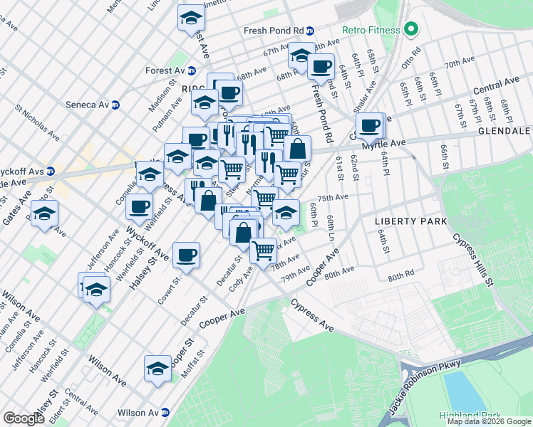 map of restaurants, bars, coffee shops, grocery stores, and more near 1804 Summerfield Street in Queens