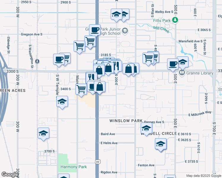 map of restaurants, bars, coffee shops, grocery stores, and more near 3385 South Edison Street in South Salt Lake
