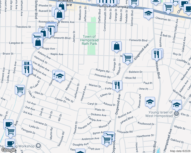 map of restaurants, bars, coffee shops, grocery stores, and more near 823 Princeton Road in Franklin Square