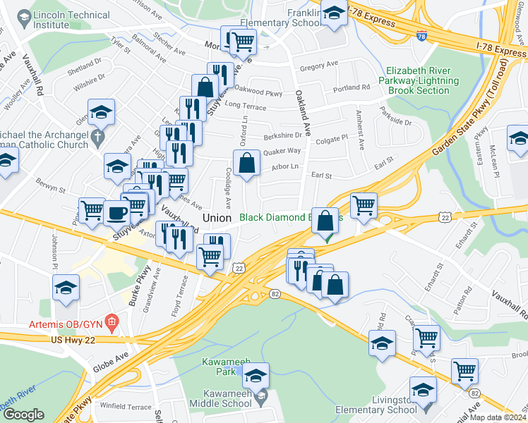 map of restaurants, bars, coffee shops, grocery stores, and more near 1845 Vauxhall Road in Union