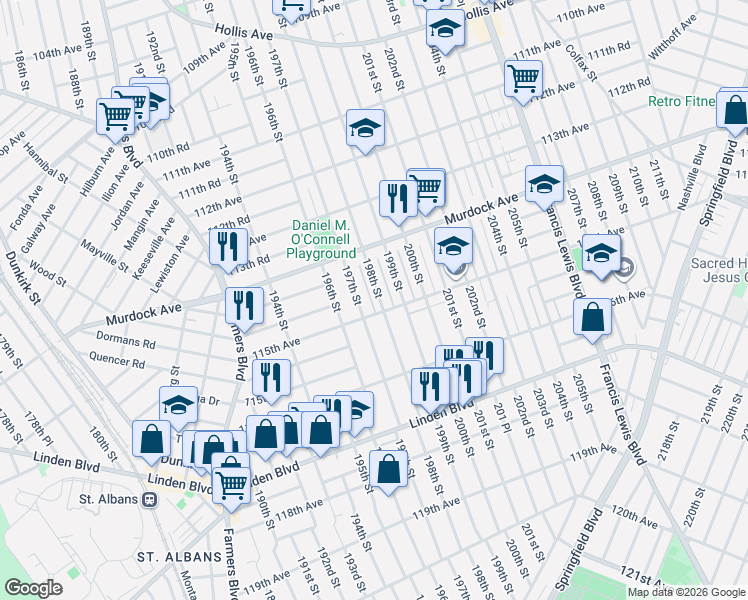map of restaurants, bars, coffee shops, grocery stores, and more near 114-58 198th Street in Queens