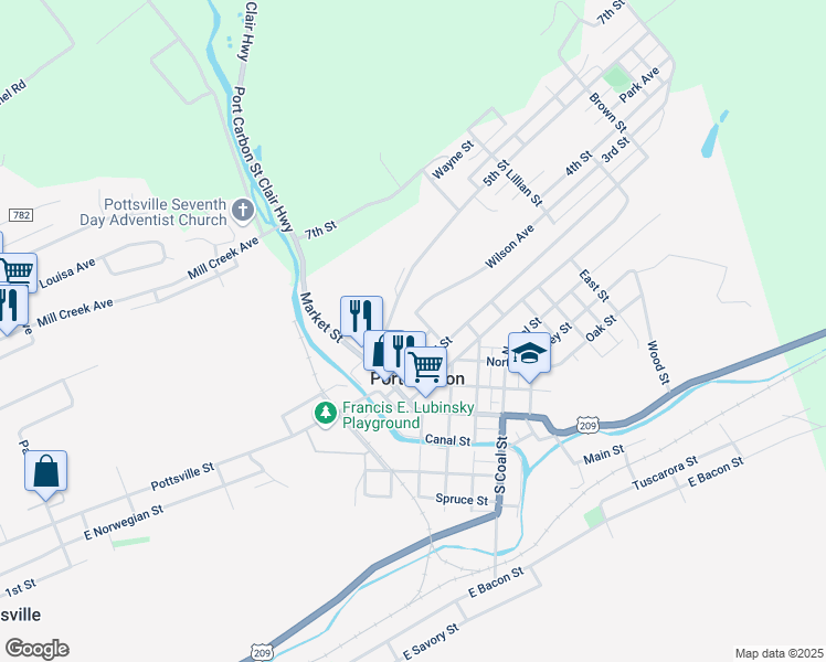 map of restaurants, bars, coffee shops, grocery stores, and more near 235 3rd Street in Port Carbon