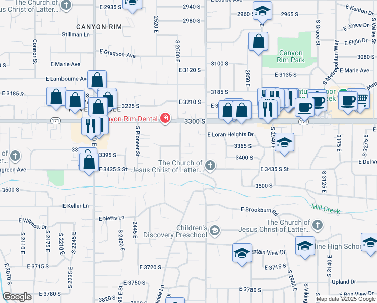 map of restaurants, bars, coffee shops, grocery stores, and more near 3381 South Oakwood Street in Salt Lake City