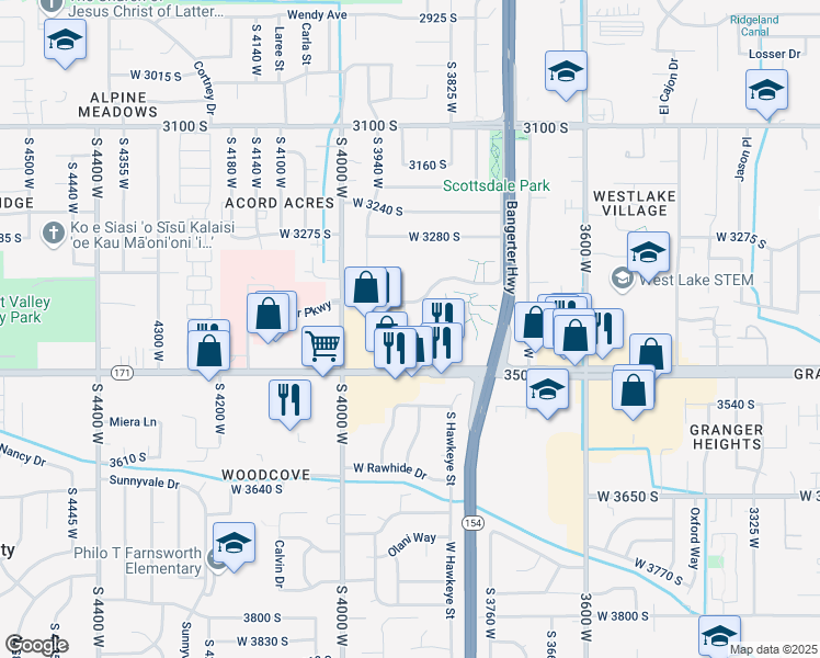 map of restaurants, bars, coffee shops, grocery stores, and more near 3927 West Rockwood Way in West Valley City