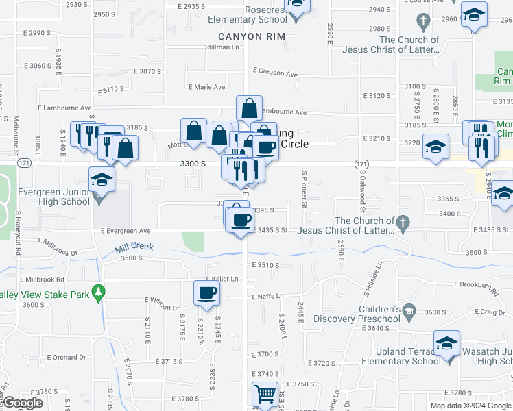 map of restaurants, bars, coffee shops, grocery stores, and more near 2345 3395 South in Salt Lake City