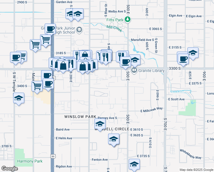 map of restaurants, bars, coffee shops, grocery stores, and more near 373 East Newsome Park Lane in South Salt Lake