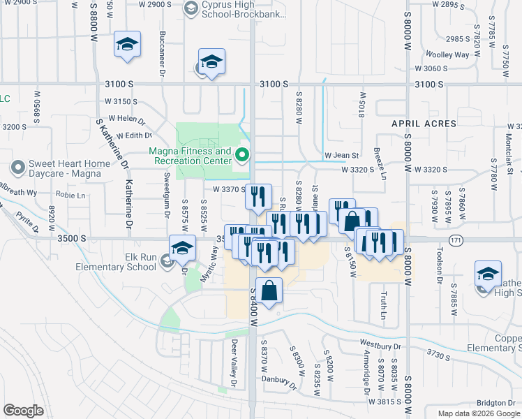 map of restaurants, bars, coffee shops, grocery stores, and more near 3418 South 8400 West in Salt Lake City