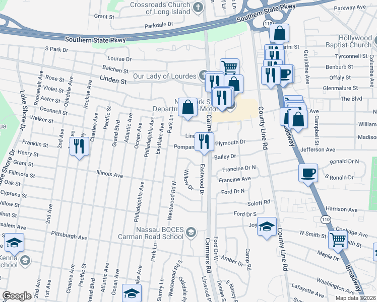 map of restaurants, bars, coffee shops, grocery stores, and more near 14 Pompano Lane in Massapequa Park