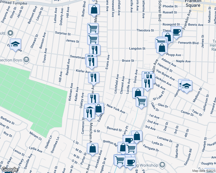 map of restaurants, bars, coffee shops, grocery stores, and more near 367 Evans Avenue in Elmont