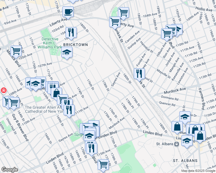 map of restaurants, bars, coffee shops, grocery stores, and more near 110-27 178th Street in Queens