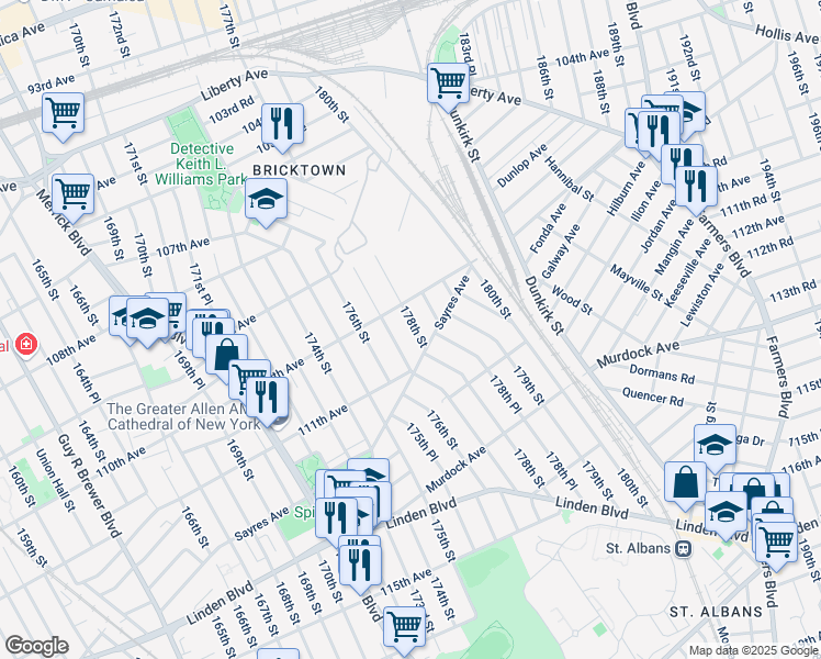 map of restaurants, bars, coffee shops, grocery stores, and more near 110-27 178th Street in Queens