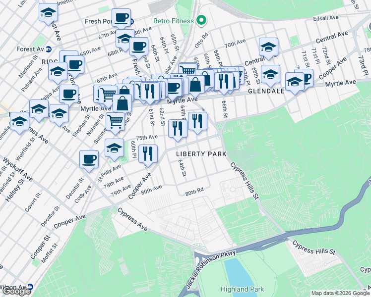 map of restaurants, bars, coffee shops, grocery stores, and more near 64-16 Cooper Avenue in Queens