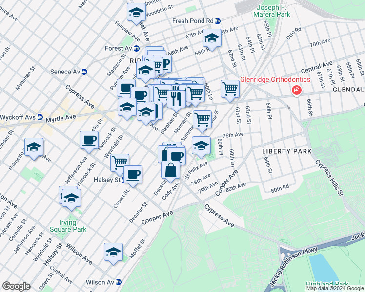map of restaurants, bars, coffee shops, grocery stores, and more near 1804 Summerfield Street in Queens