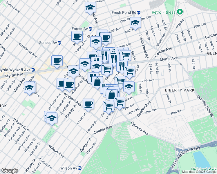 map of restaurants, bars, coffee shops, grocery stores, and more near 17-33 Norman Street in Queens